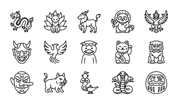 Japanese Folklore Icons Set: Mythical Creatures, Spirits, and Gods Vector Collection