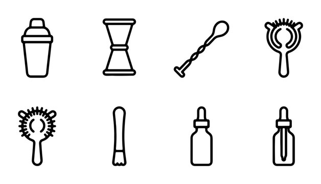 Barware Icons Set: Cocktail Shaker, Jigger, Strainer, Muddler, Dropper Bottles for Mixology