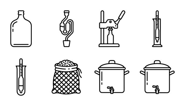 Home Brewing Equipment Icons, Fermentation Tools, Beverage Making Supplies, Vector Graphics Set
