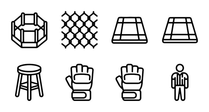 Combat Sports Icons, Fighting Arena, Gloves, Referee, Stool, Chain Link Fence Vector Set