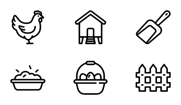 Farm Chicken Icons, Coop, Eggs, Scoop, Fence, Food Vector Set, Rural Life Graphics