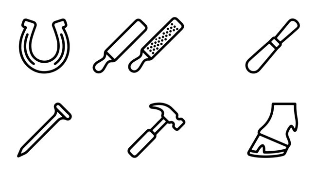 Farrier Tools Set: Horseshoe, Nail, Hammer, Rasp, Buffer, Hoof, Black and White Icons