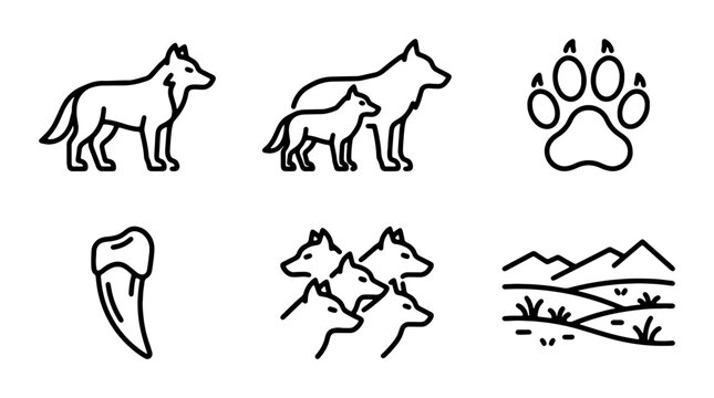 Wolf Icons Set, Wild Animal Graphics, Canine Family & Paw Print Vector Art
