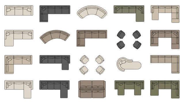 An overhead view showcases a variety of modular furniture arrangements, including sectional sofas and armchairs, neatly laid out in a grid pattern. CAD Blocks Icon Sheet Vector