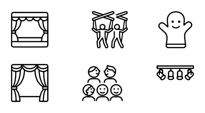Theater Stage Icons, Puppet Show Graphics, Performance Art Symbols, Entertainment Vector Set