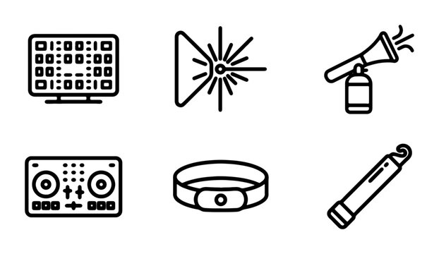 Party Icons Set: DJ Mixer, Confetti Cannon, Strobe Light, Glow Stick, Laser
