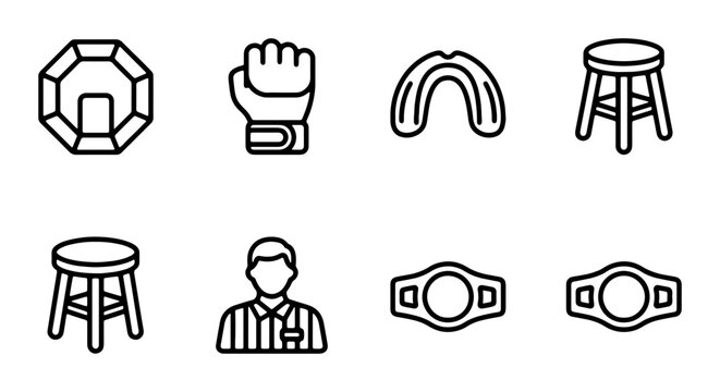 Boxing Icons Set: Ring, Gloves, Mouthguard, Referee, Stools, Championship Belts