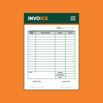 Indonesian invoice template design. Corporate green and orange sales receipt form, billing paper layout, or nota kontan design element for small business finance.