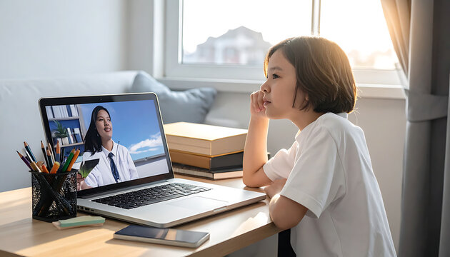 Young student attentively watching online lesson on laptop, engaging in remote education, learning from home with sunlight streaming in