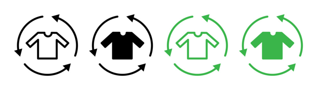 Recycling clothes icons set in black and blue colors on white background