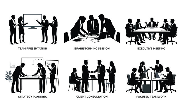 Professional business team silhouettes demonstrating various office activities including meetings presentations brainstorming and strategic planning sessions depicted in a clean minimalist vector grap