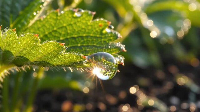 Morning dewdrop on vibrant green strawberry leaf, with sunlight reflections and glistening droplets, nature's beauty