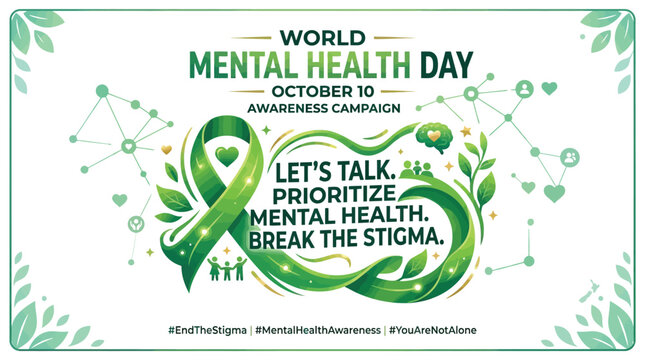 World mental health day awareness campaign banner featuring a vibrant green ribbon symbol with inspirational typography and elegant flowing organic leaves presented in a clean professional graphic sty