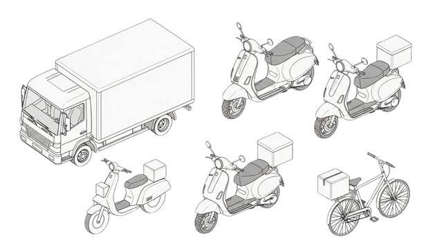 A collection of vehicles including a delivery truck, three scooters, and a bicycle, all depicted in a clean isometric line art style. CAD Blocks Icon Sheet Vector