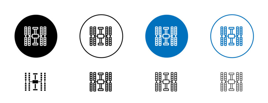Space station icons set in black and blue colors on white background
