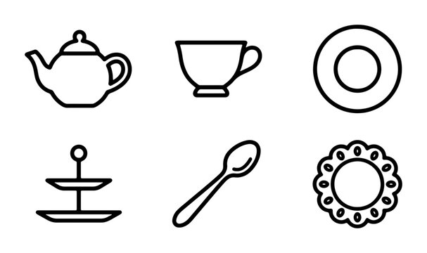 Tea Time Icons: Teapot, Cup, Saucer, Spoon, Tiered Stand, Doily Vector Set