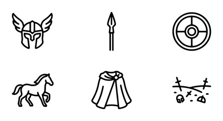 Fototapeta premium Viking Icons Set: Helmet, Spear, Shield, Horse, Cape, Battlefield Vector Graphics