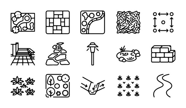 Landscape Design Icons: Garden Layouts, Paving, Water Features, Plants, and Structures