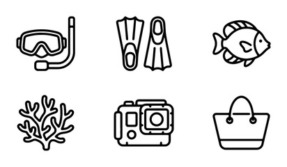 Vector Icons: Snorkel Mask, Flippers, Tropical Fish, Coral, Action Camera, Beach Bag © Ibrahim