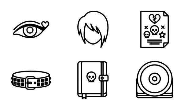 Gothic Icon Set: Skulls, Broken Heart, CD, Eye, Notebook, Spiked Collar Vector Art
