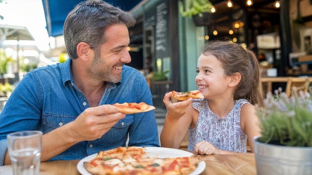 Happy Father and Daughter Enjoying Delicious Pizza at Outdoor Restaurant