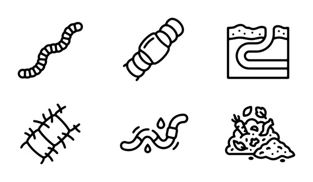 Earthworm Icons Set, Soil Life Vector Graphics, Compost Elements, Garden Critters, Organic Farming Symbols