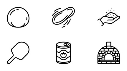 Fototapeta premium Pizza Making Icons: Dough, Ingredients, Oven, Tools, Tomato Can, Vector Set