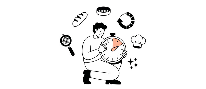 Baker cooking time management concept with chef holding giant clock surrounded by kitchen utensils and bread icons to represent productivity, recipe preparation, and bakery business schedule vector.