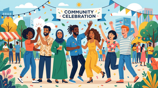 Diverse group of people celebrating community event with colorful decorations and confetti in a vibrant outdoor setting