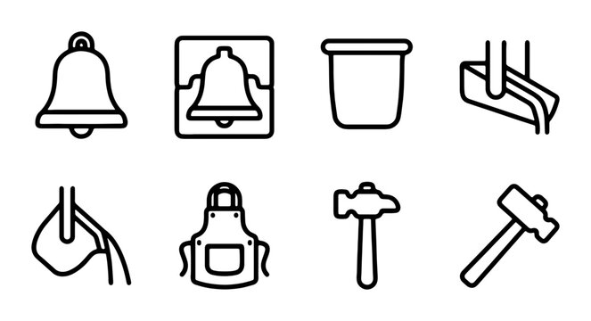 Black and White Foundry Icons: Bell, Bucket, Pouring Metal, Apron, Hammers