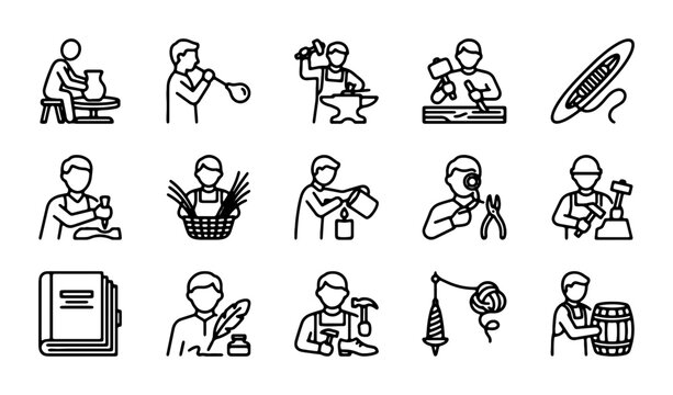 Craftsman Icons Set: Pottery, Glassblowing, Blacksmith, Woodworking, Jewelry Making, Basket Weaving, Perfumery, Watchmaking, Cobbler, Bookbinding, Calligraphy, Shoemaking, Spinning, Barrel Making