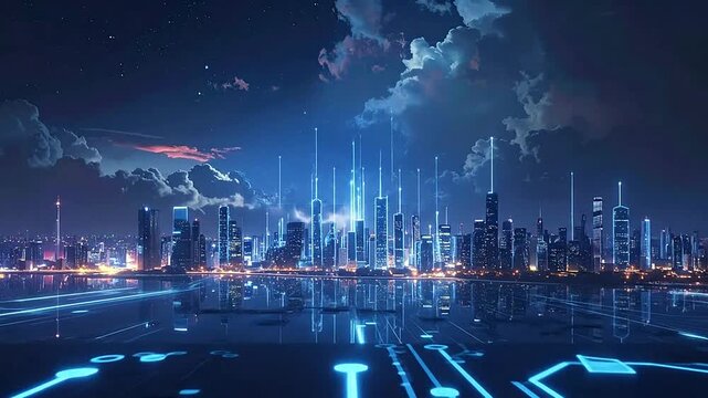 A glowing digital cloud hovers over a futuristic night city skyline
