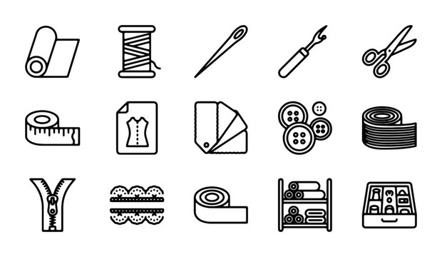 Sewing Icons Set, Tailoring Tools Collection, Crafting Supplies Vector Graphics