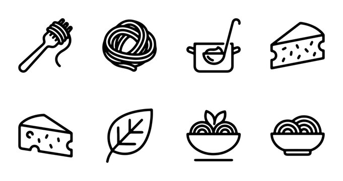 Italian Food Icons: Pasta, Cheese, and Cooking Utensils, Vector Set