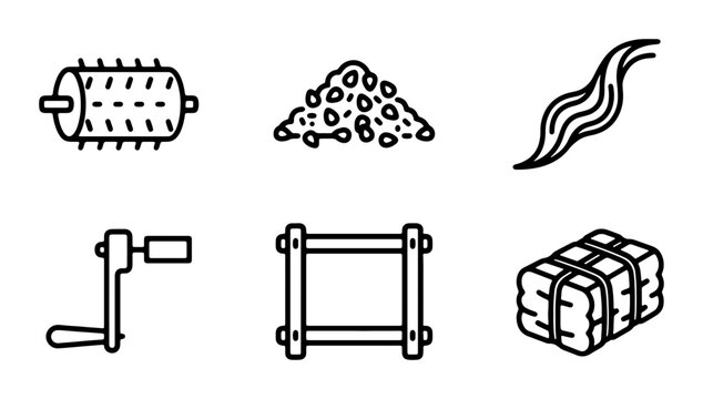 Agricultural Icons: Threshing Machine, Grain Pile, Water Stream, Crank Handle, Bale Press, Hay Bale