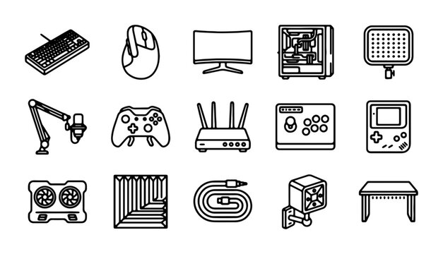 Gaming PC Peripherals and Accessories Vector Icons Set, Computer Hardware and Tech Gear Graphics