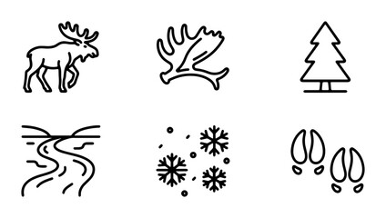 Obraz premium Forest Wildlife Icons: Moose, Antlers, Tree, River, Snowflakes, Tracks, Nature Elements