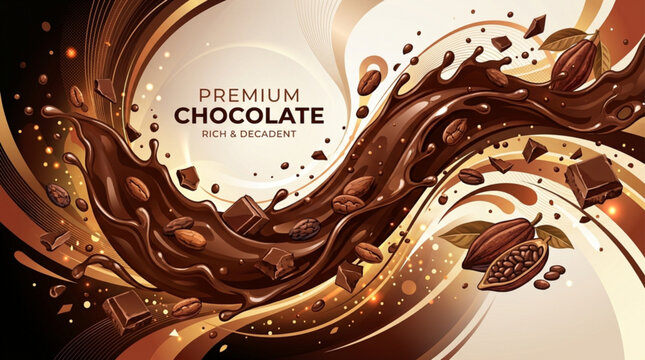 Premium chocolate rich decadent dessert with melting chocolate chunks and cacao beans on abstract background