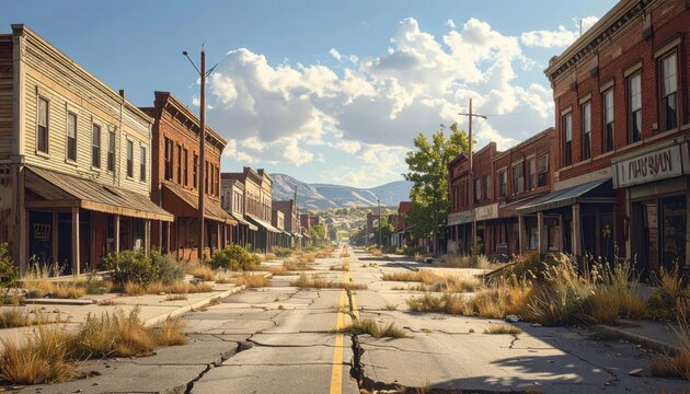 Abandoned Town Street, Overgrown and Decayed Buildings, Post-Apocalyptic Scenery