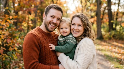Fototapeta premium Happy family of three smiling at camera in sunny autumn park, embracing togetherness and joy during fall season.