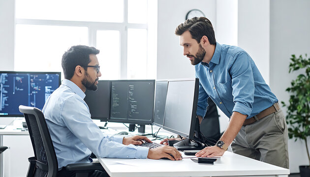 Two colleagues collaborating on a project in a modern office with multiple computer monitors displaying code, discussing work strategy