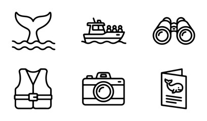 Whale Watching Icons: Boat, Binoculars, Camera, Vest, Brochure, Tail Fin Vector Set © Moniya