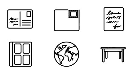 Obraz premium Postcard, Envelope, Handwritten Letter, Photo Album, Globe, Table Icons: Communication & Travel Set