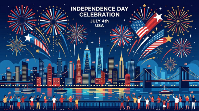 Independence day celebration on july 4th with fireworks over city skyline at night