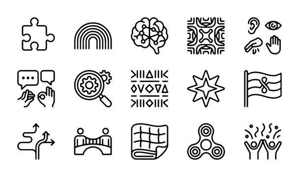 Diversity and Inclusion Icons Set: Brain, Puzzle, Rainbow, Bridge, Sensory Elements