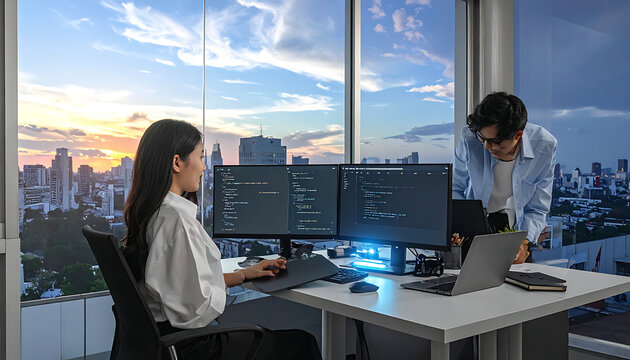 Two colleagues collaborating on computer code in a modern office with city skyline view at sunset