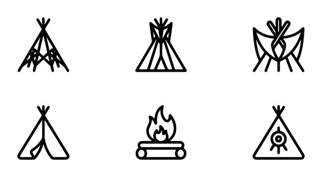Native American Teepee Icons Set, Tribal Campfire Symbols, Indigenous Shelter Vector Graphics