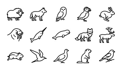 Arctic Wildlife Icons Set, 15 Minimalist Animal Line Art Graphics for Nature and Exploration © Moniya