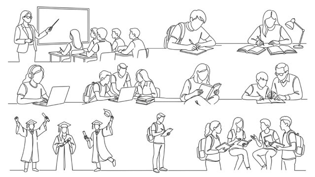 A collection of continuous line drawings depicts students in various educational settings. CAD Blocks Icon Sheet Vector