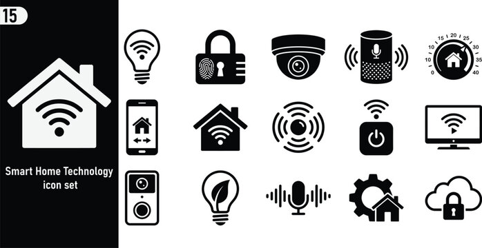 Smart home technology icon set collection of vector icons for home automation, smart devices, security, and internet of things connectivity
